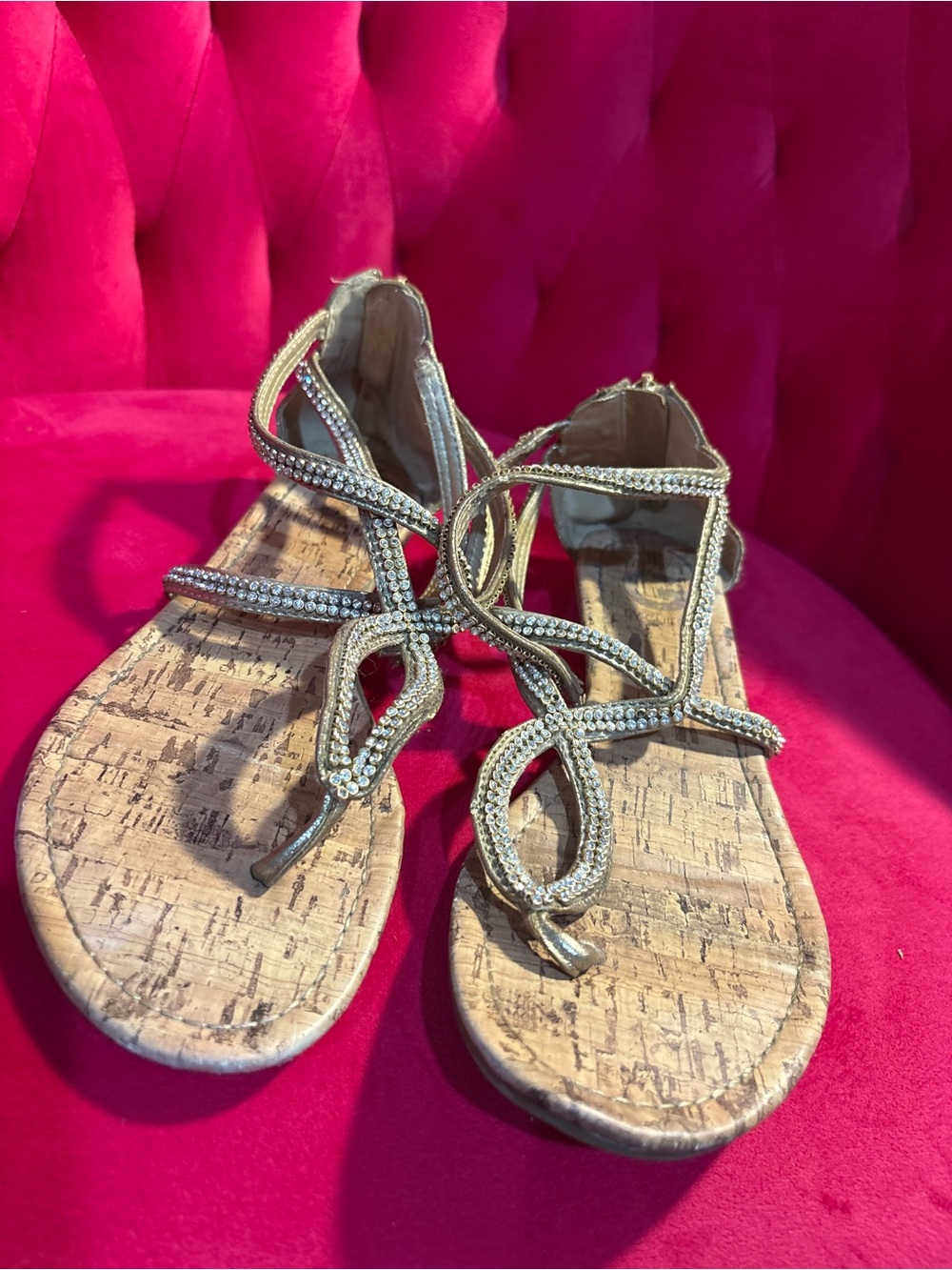 G by Guess Gold Rhinestone Cork-Effect Strappy Sandals